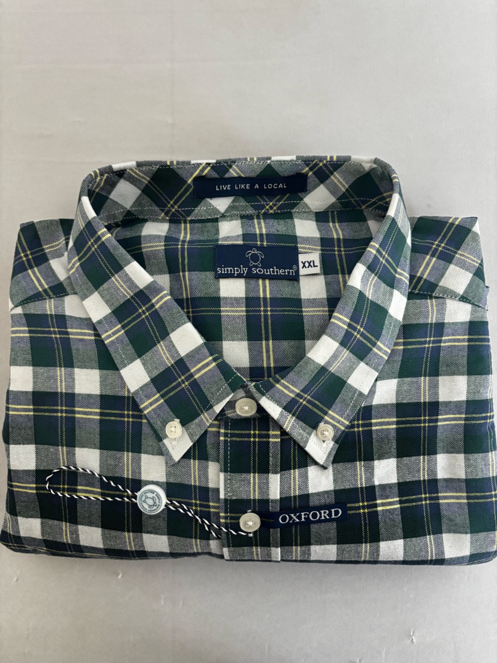 Simply Southern Oxford XXL Plaid Button Down Shirt Green Navy Cotton Preppy